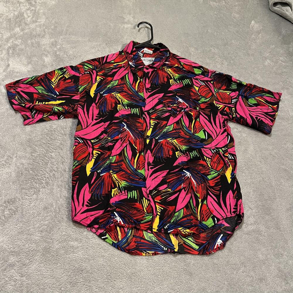 Jazzman Shirt Mens Small Black Neon Tropical Floral Rayon Button Front
